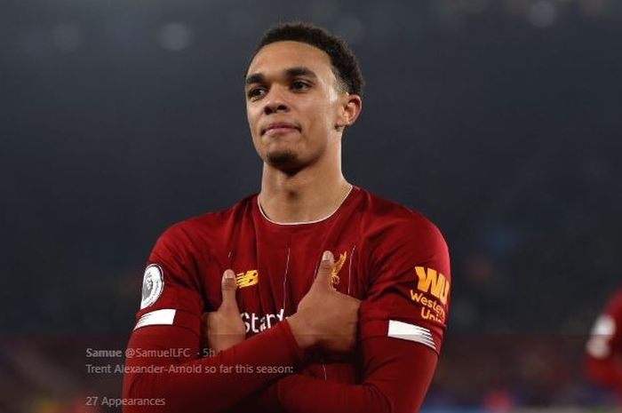 Bek kanan Liverpool, Trent Alexander-Arnold, merayakan golnya pada laga melawan Leicester City.