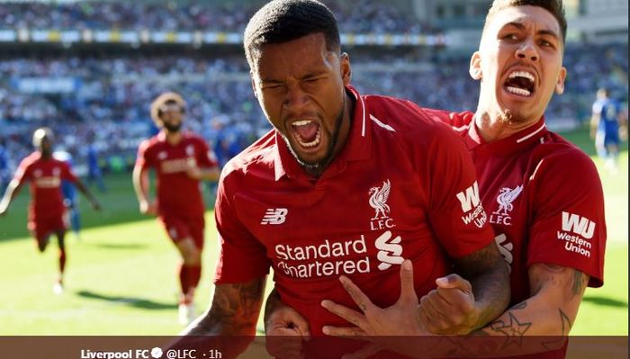 Georginio Wijnaldum merayakan golnya untuk Liverpool ke gawang Cardiff City, 21 April 2019.