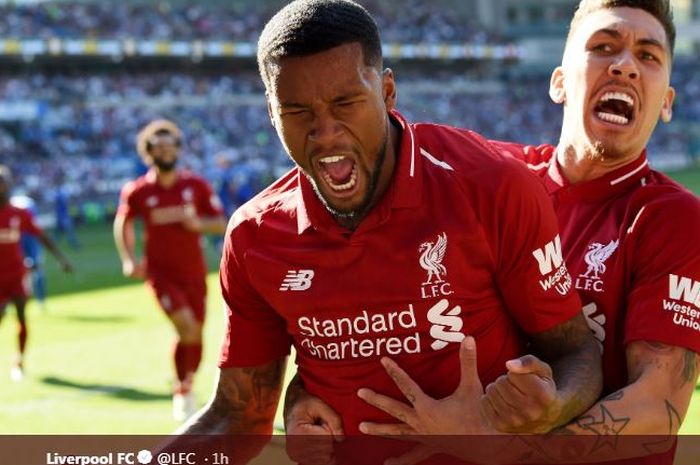 Georginio Wijnaldum merayakan golnya untuk Liverpool ke gawang Cardiff City, 21 April 2019.