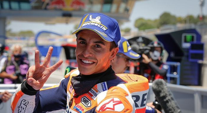 Pembalap Repsol Honda, Marc Marquez, meraih posisi start ketiga pada kualifikasi MotoGP Spanyol di Sirkuit Jerez, Spanyol, 18 Juli 2020.