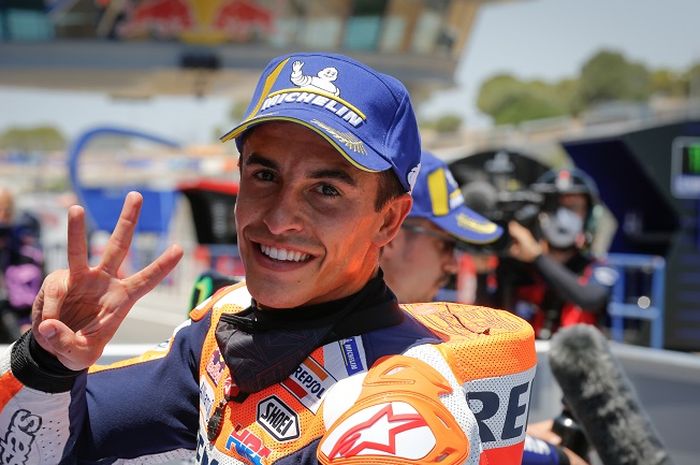 Pembalap Repsol Honda, Marc Marquez, meraih posisi start ketiga pada kualifikasi MotoGP Spanyol di Sirkuit Jerez, Spanyol, 18 Juli 2020.