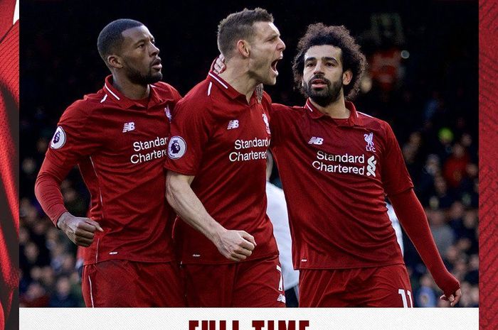 Pemain Liverpool, James Milner (tengah) bersama Wijnaldum dan Salah merayakan gol yang dicetak ke gawang Fulham dalam laga Liga Inggris di Stadion Craven Cottage, Minggu (17/3/2019).