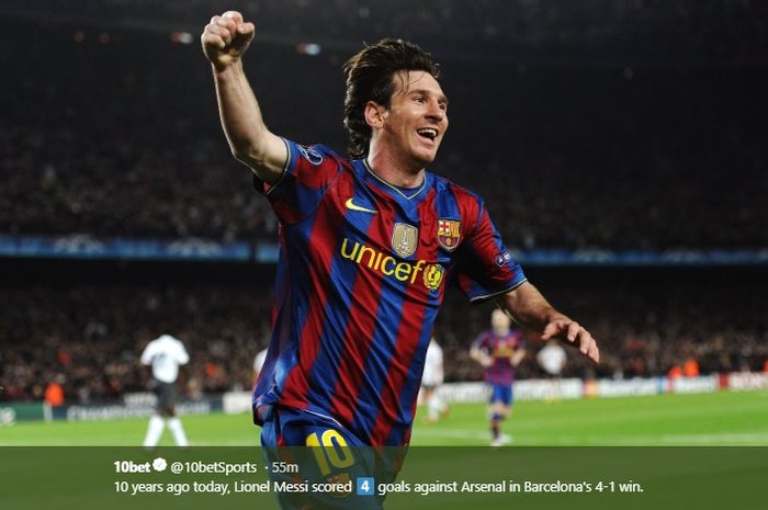 Megabintang Barcelona, Lionel Messi, berhasil merayakan golnya saat menghadapi Arsenal pada kompetisi Liga Champions, Selasa (6/4/2010) waktu setempat.