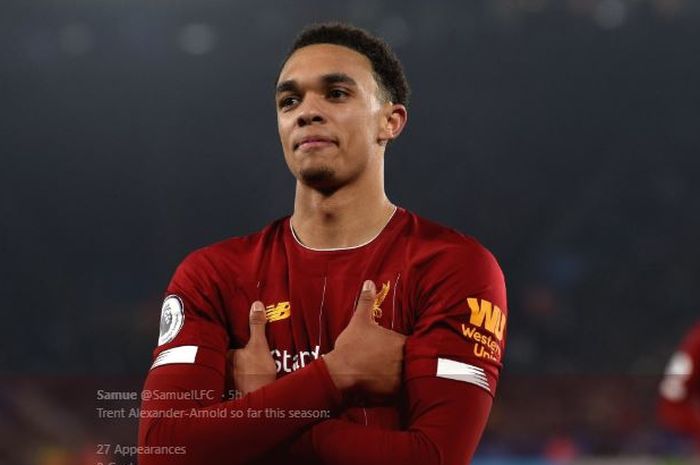 Bek kanan Liverpool, Trent Alexander-Arnold, merayakan golnya pada laga melawan Leicester City.