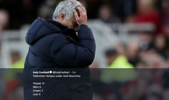 Ekspresi Jose Mourinho saat Tottenham Hotspur ditahan imbang dalam suatu pertandingan.