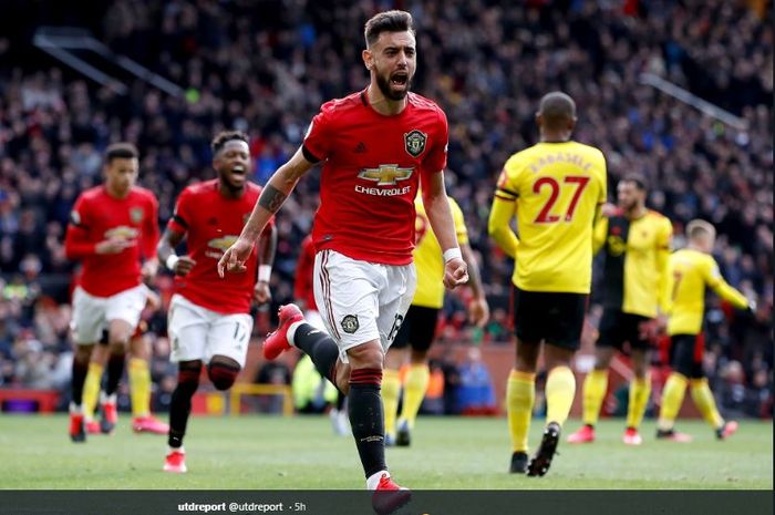 Gelandang anyar Manchester United, Bruno Fernandes, saat melakukan perayaan gol yang ia cetak ke gawang Watford, Minggu (23/2/2020).