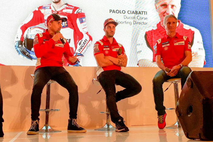 Jorge Lorenzo, Andrea Dovizioso, dan direktur olahraga Ducati, Paolo Ciabatti