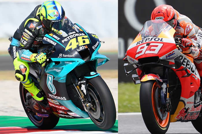 Ternyata pembalap MotoGP Valentino Rossi (kiri) tidak kalah hebat dari Marc Marquez (kanan) di sirkuit MotoGP Sachsenring Jerman