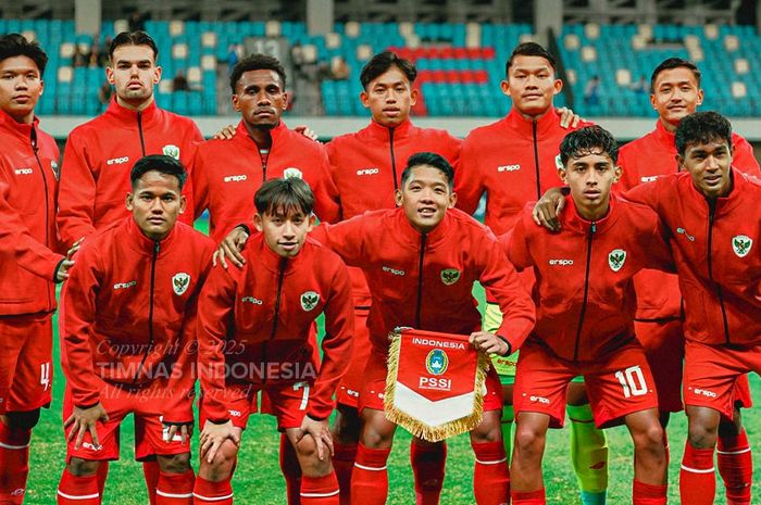 Skuad timnas U-20 Indonesia saat pertandingan melawan timnas U-20 Iran, Kamis (13/2/2025).