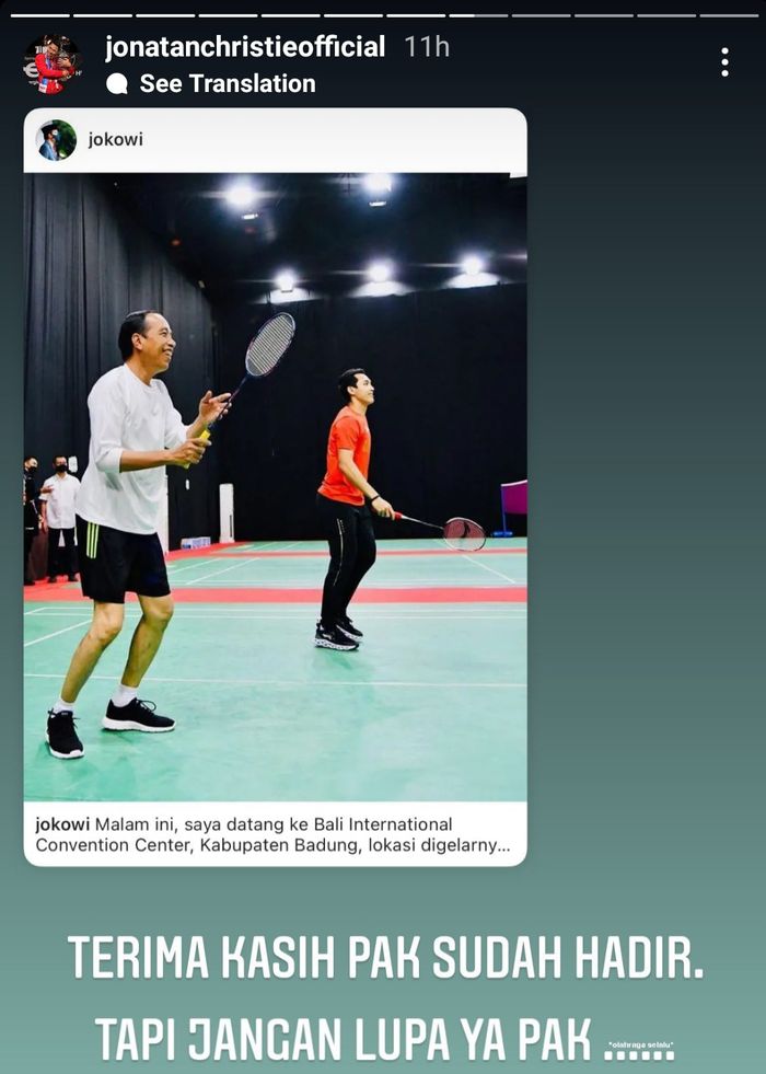 Tangkapan layar Instagram Story dari Jonatan Christie pada Kamis (2/12/2021) malam.