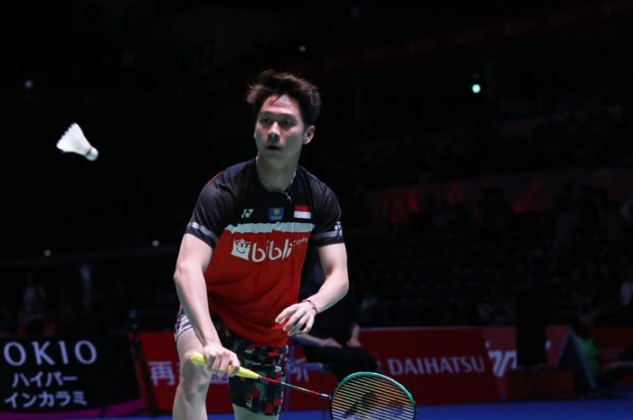 Pasangan ganda putra Indonesia, Kevin Sanjaya Sukamuljo (kiri) dan Marcus Fernaldi Gideon, saat bertanding di Japan Open 2019, Rabu (24/7/2019).