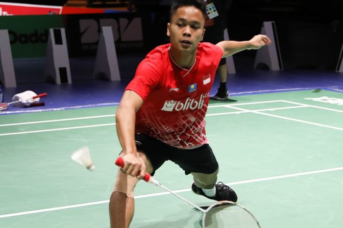 Pebulu tangkis tunggal putra Indonesia, Anthony Sinisuka Ginting, sedang berlatih menjelang Kejuaraan Dunia 2019.