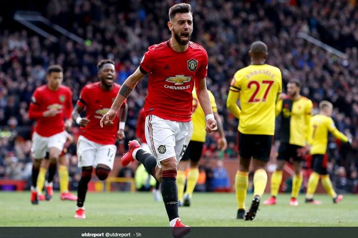 Gelandang anyar Manchester United, Bruno Fernandes, saat melakukan perayaan gol yang ia cetak ke gawang Watford, Minggu (23/2/2020).