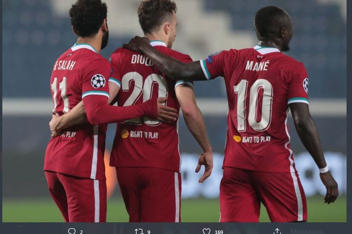 Trio penyerang Liverpool, Mohamed Salah, Diogo Jota, dan Sadio Mane, melumat Atalanta dalam partai Liga Champions di Gewiss Stadium, 3 November 2020.