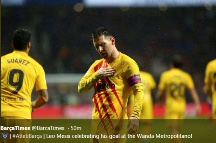 Selebrasi megabintang Barcelona, Lionel Messi, seusai menjebol gawang Atletico Madrid di Wanda Metropolitnao, Minggu (1/12/2019).