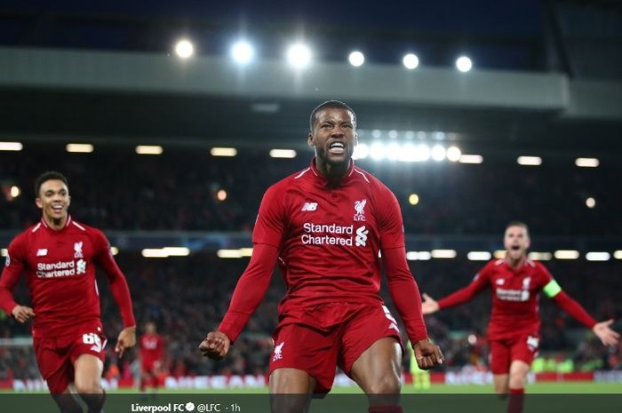 Bek Liverpool, Trent Alexander-Arnold (kiri), melakukan selebrasi bersama Georginio Wijnaldum dalam semifinal leg kedua Liga Champions kontra Barcelona, Selasa (7/5/2019)