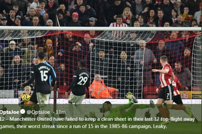 Kiper Manchester United, David De Gea, dibobol oleh pemain Sheffield United dalam laga di Bramall Lane, Minggu (24/11/2019).