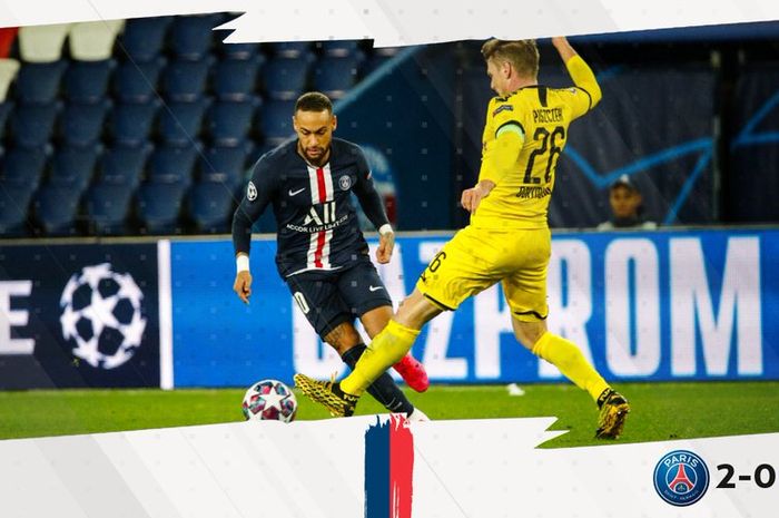 Aksi striker PSG, Neymar,  dalam laga kontra Borussia Dortmund di Parc des Princes, Rabu (11/3/2020).