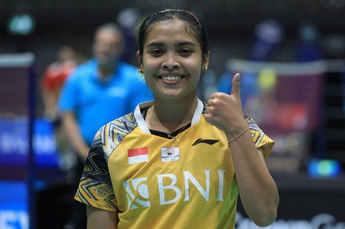 Aksi pebulu tangkis tunggal putri Indonesia, Gregoria Mariska Tunjung, pada babak perempat final Australian Open 2022 di Quay Centre, Sydney, Kamis, 18 November 2022