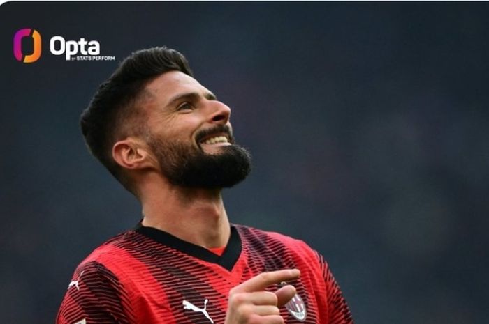 Striker AC MIlan, Olivier Giroud, merayakan gol ke gawang Empoli pada laga lanjutan Liga Italia di Stadion Carlo Castellani, Minggu (7/1/2024)