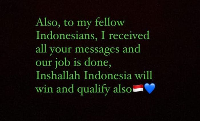 Tangkapan layar instagram story mantan pemain Persib Bandung, Mohammed Rashid saat mendoakan timnas Indonesia lolos ke babak final Piala AFC 2023.