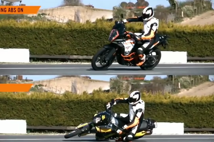 Ilustrasi motor saat cornering menggunakan pengereman ABS dan non ABS