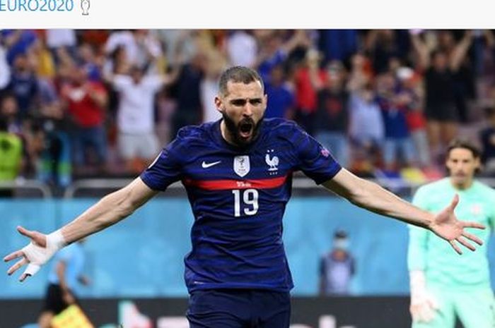 Striker timnas Prancis, Karim Benzema, merayakan gol ke gawang timnas Swiss dalam laga 16 besar EURO 2020 di Stadion National Arena Bucharest, Senin (28/6/2021).