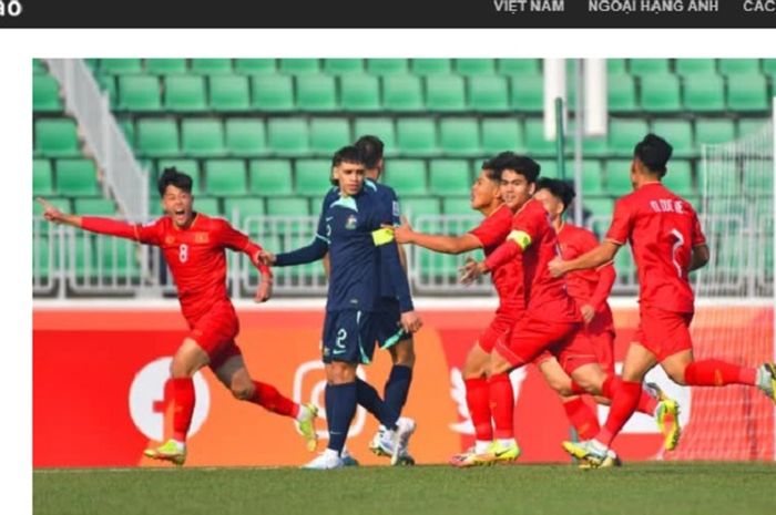 Selebrasi pemain Vietnam U-20 merayakan gol ke gawang Australia U-20 di Piala Asia U-20 2023, Rabu (1/3/2023).