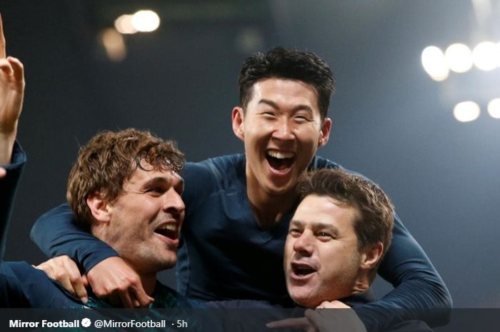 Mauricio Pochettino bersama Son Heung-min dan Fernando Llorente merayakan kesuksesan Tottenham Hotspur usai lolos ke semifinal Liga Champions