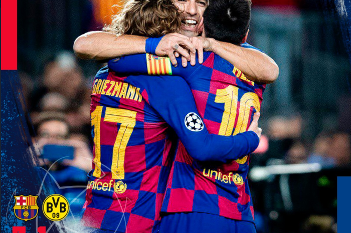 Trio Lionel Messi, Luis Suarez, dan Antoine Griezmann mencetak gol saat Barcelona mengalahkan Borussia Dortmund pada matchday 5 Liga Champions, Rabu (27/11/2019) di Camp Nou.