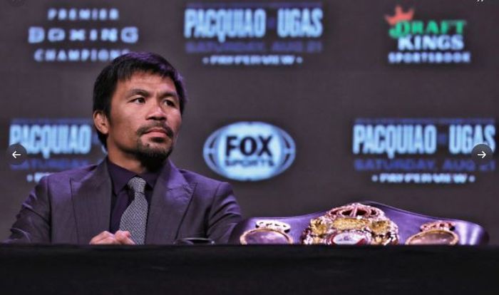 Manny Pacquiao saat menghadiri konferensi pers menjelang laga melawan Yordenis Ugas pada Rabu (18/8/2021).