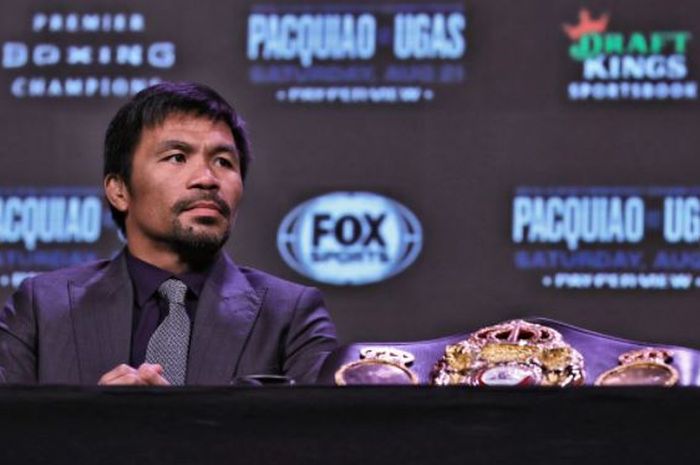 Manny Pacquiao saat menghadiri konferensi pers menjelang laga melawan Yordenis Ugas pada Rabu (18/8/2021).