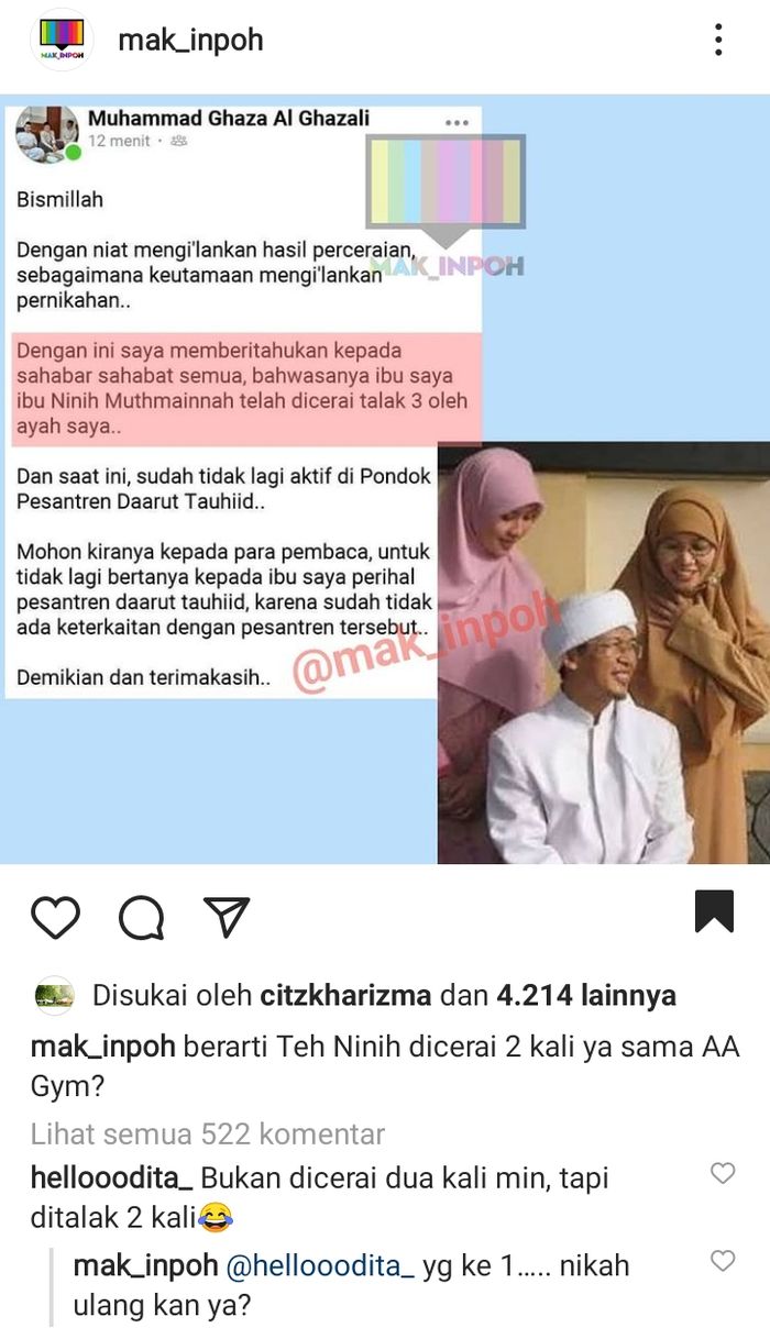 Postingan Muhammad Ghaza Al Ghazali tentang perceraian orangtuanya, Ag Gym dan Teh Ninih.