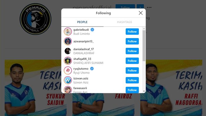 Ryuji Utomo dan sang agen, Gabriel Budi, tampak sudah mem-follow akun Instagram klub Malaysia, Penang FA.