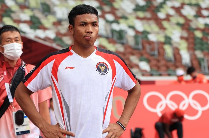 Sprinter putra Indonesia, Lalu Muhammad Zohri, menjalani latihan jelang pertandingan atletik 100 meter putra pada Olimpiade Tokyo 2020 di Stadion Olympic, Tokyo, Jepang, Kamis (29/7/2021).