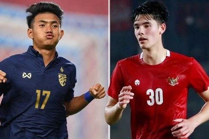 Penyerang muda Thailand Suphanat Mueanta (kiri) dan bek Timnas Indonesia Elkan Baggott.