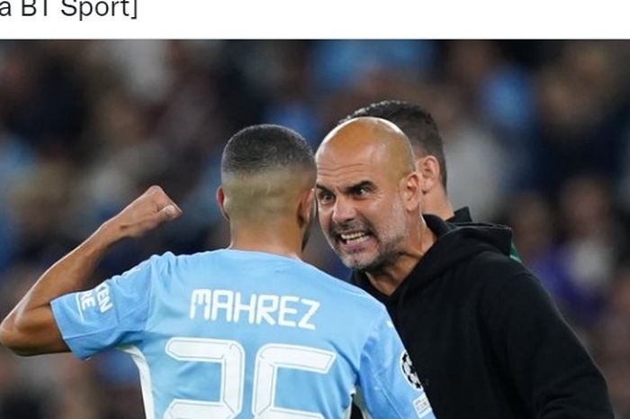 Pelatih Manchester City, Pep Guardiola, sedang mengomeli Riyad Mahrez.