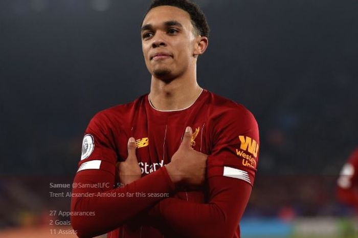 Bek kanan Liverpool, Trent Alexander-Arnold, merayakan golnya pada laga melawan Leicester City.