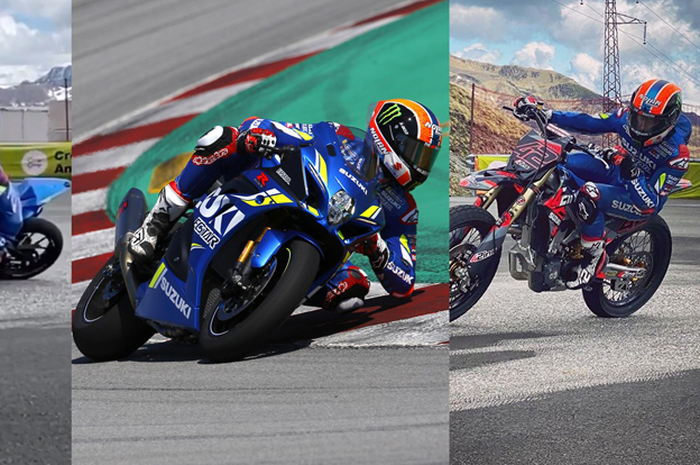 Alex Rins jadi pembalap MotoGP pertama dalam seminggu latihan dengan 3 motor berbeda, Suzuki GSX-R125 (kiri), GSX-R1000 (tengah) dan RM-Z450 Supermoto (kanan)