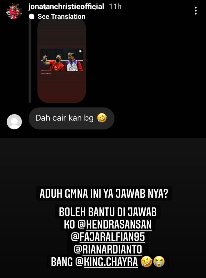 Tangkapan layar Instagram Story dari Jonatan Christie pada Kamis (2/12/2021) malam.