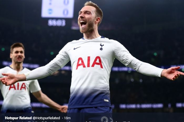 Christian Eriksen merayakan gol ke gawang Brighton &amp; Hove di Tottenham Hotspur Stadium