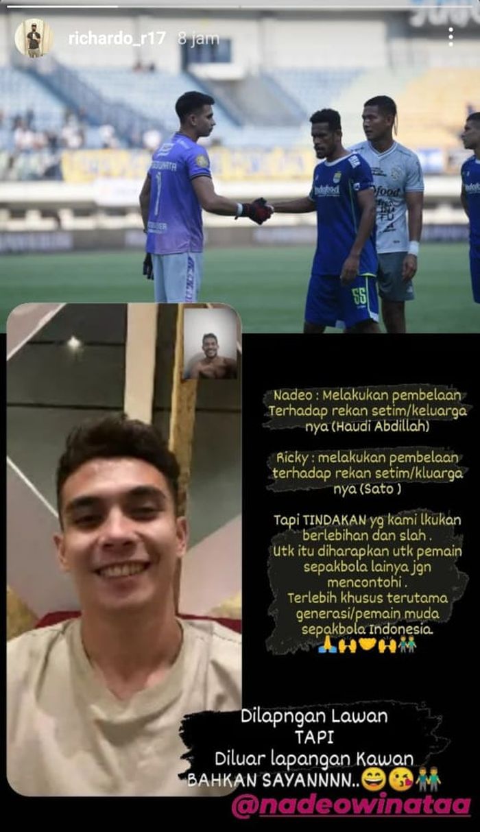 Ricky Kambuaya mengunggah foto video call bersama Nadeo Argawinata setelah mereka terlihat berduel di laga pekan keenam Liga 1 yang mempertemukan Persib Bandung vs Bali United di Stadion GBLA, Bandung, Selasa (23/8/2022).