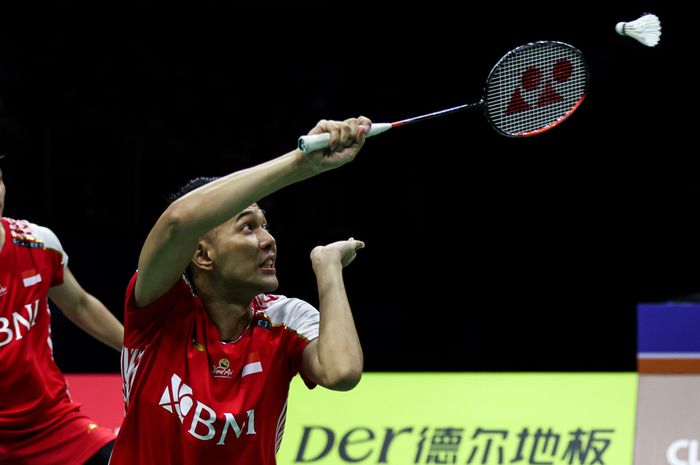 Ganda putra Indonesia, Fajar Alfian/Muhammad Rian Ardianto berlaga di penyisihan grup B Sudirman Cup 2023 melawan Thailand di Suzhou Olympic Sports Center, Suzhou, Jiangsu, China, Kamis (18/5/2023) 