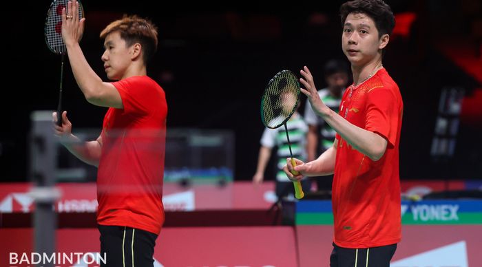 Pasangan ganda putra Indonesia, Marcus Fernaldi Gideon/Kevin Sanjaya Sukamuljo, pada laga kedua grup Thomas Cup 2020 di Ceres Arena, Senin (11/10/2021).