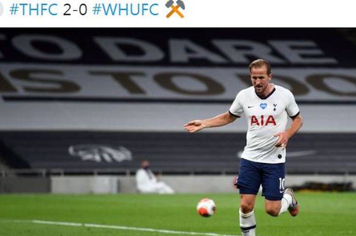 Striker Tottenham Hotspur, Harry Kane, merayakan gol yang dicetak ke gawang West Ham United dalam laga Liga Inggris di Tottenham Hotspur Stadium, Selasa (23/6/2020).