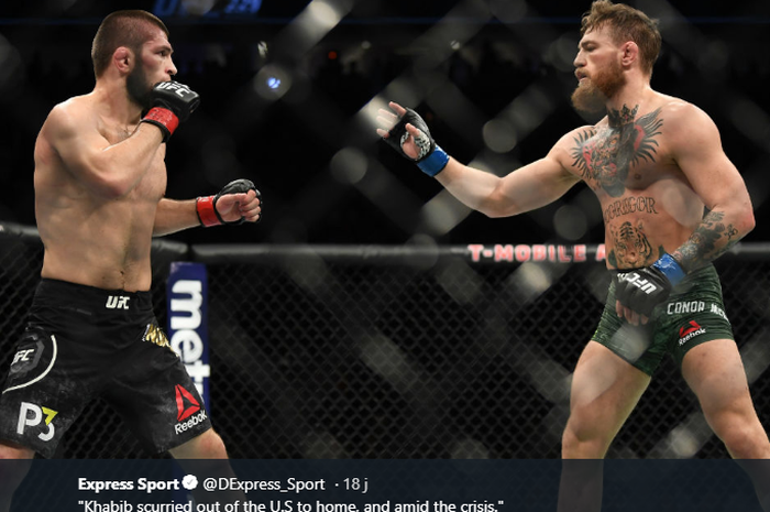 Khabib Nurmagomedov (kanan) dan Conor McGregor (kiri) saat keduanya saling berhadapan dalam ajang UFC 229 di T-Mobile Arena, Las Vegas, Nevada, AS, Oktober 2018.