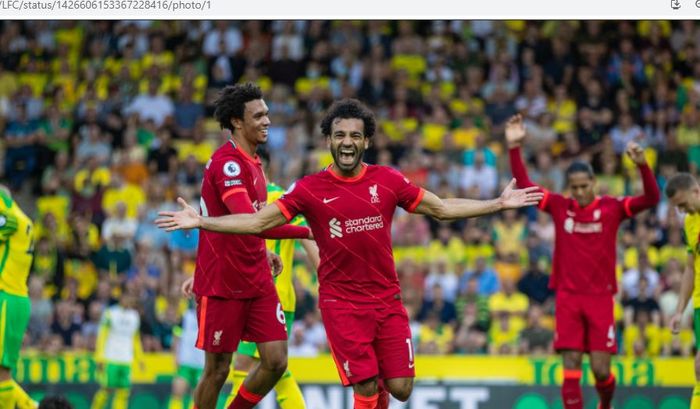 Mohamed Salah merayakan gol ke gawang Norwich City pada pekan pertama Liga Inggris 2021-2022, Sabtu (14/8/2021).