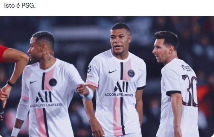 Trio PSG yang terdiri dari Lionel Messi, Kylian Mbappe, dan Neymar dalam laga kontra Club Brugge.