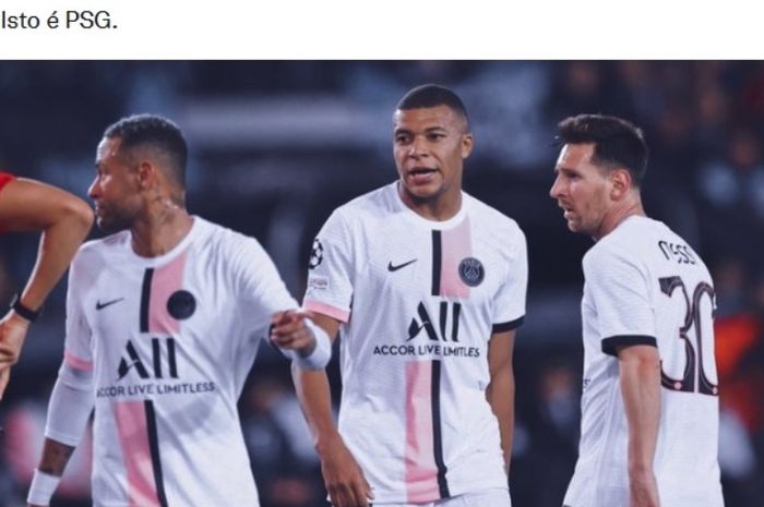 Trio PSG yang terdiri dari Lionel Messi, Kylian Mbappe, dan Neymar dalam laga kontra Club Brugge.