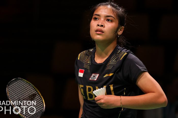 Pebulu tangkis tunggal putri, Gregoria Mariska Tunjung, pada partai pertama melawan Jepang, Uber Cup 2020 di Ceres Arena, Aarhus, Denmark, Selasa (12/10/2021).